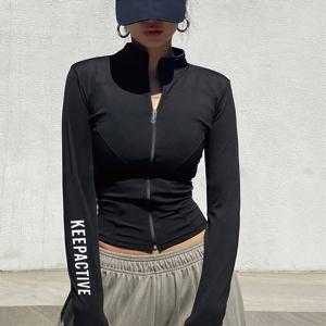 TEMU 여성 알파벳 프린트 긴팔 지퍼업 재킷 | 캐주얼 스탠드 칼라, 중간 신축성 원단, 모든 계절에 적합