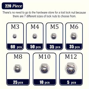 TEMU 220개 스테인리스 스틸 미터법 락 너트 키트, 나일론 인서트 헥스 락 너트 M3 M4 M5 M6 M8 M10 M12, 폴리싱 마감, 내식성, DIN985에 준수, 가혹한 환경에서 볼트 풀림 방지, 진동 및 충격 방지