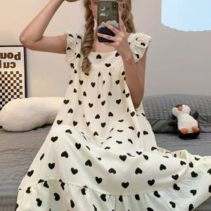 TEMU 여성용 여름 민소매 스퀘어넥 나이트가운 - 블랙 & 화이트 하트 프린트 플레어드 헴 슬립셔츠 드레스, 통기성 가벼운 라운지웨어, 편안한 잠옷, 캐주얼 루즈웨어, 부드러운 소재, 플레이풀 하트 패턴, 코지 나이트웨어
