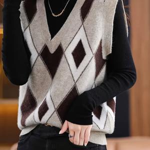 TEMU 빈티지 V넥 패치워크 컬러 블록 조끼 | 가을-겨울 컬렉션, 레트로 패턴 디자인