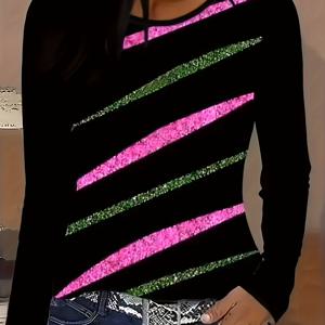 TEMU 여성용 가을/겨울 긴팔 티셔츠, 3D 디지털 프린트, 기하학적 패턴 플로럴 라운드넥 티, 아웃도어 패션 스트리트웨어 및 레이어링용