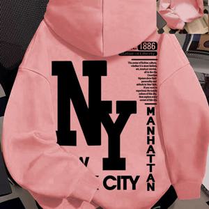 TEMU 여성 & 남성 오버사이즈 후드 스웨트셔츠 - 부드러운 기모 안감 겨울 풀오버, 대담한 NYC 레터링 & 뉴욕시 프린트, 가을 & 겨울 캐주얼 스트리트웨어 스웨터, 포근한 의류, 스트리트웨어 패션, 기하학적 패턴, 따뜻한 원단