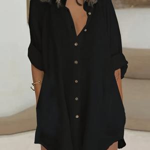 TEMU 여성용 솔리드 컬러 반팔 버튼업 셔츠