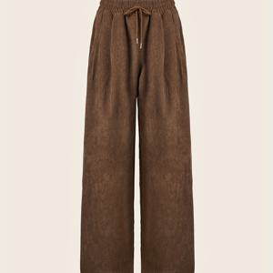 TEMU 여성용 시크한 브라운 코듀로이 레그 팬츠 - 하이웨이스트, 신축성 없는 폴리에스터 소재와 신축성 있는 조임끈 허리밴드, 세탁기 사용 가능 - 사계절 내내 완벽함