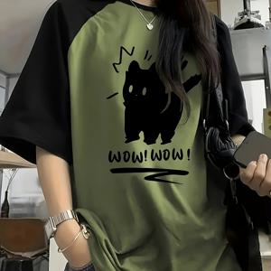 TEMU 여성용 Y2K 스타일 그래픽 티셔츠 - 귀여운 고양이와 문자 프린트가 있는 캐주얼 니트 폴리에스테르 티셔츠, 긴 소매, 라운드 넥, 올 시즌 편안한 핏