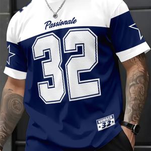 TEMU 남성용 여름 캐주얼 크루 넥 스포츠 탑 - 반팔, 녹색 및 흰색 컬러 블록과 프린트 번호 32 디자인, 야외 활동용 가벼운 폴리에스터 원단