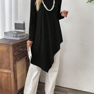 TEMU 여성용 캐주얼 롱 슬리브 투닉 탑 - 비대칭 밑단, 라운드 넥, 루즈핏, 솔리드 블랙, 봄 & 가을에 완벽, 집이나 일상 외출용, 캐주얼 웨어|비대칭 밑단|편안한 핏, 여성용 플러스 사이즈, 비대칭 대형 사이즈, 우아한 여성용 탑, 여성용 긴 탑, 커티용 여성용 탑