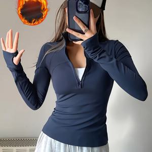 TEMU 가을 겨울 패션 신상 여성용 솔리드 컬러 안감 요가 스포츠 자켓, 보온 안감, 긴 소매 손가락 커버, 하프 지퍼, 커브드 웨이스트, 러닝, 요가, 테니스, 스튜디오, 캐주얼 아웃팅, 저녁 데이트, 데일리 웨어, 할로윈, 크리스마스에 적합, 테니스 의류,스튜디오 웨어,핏 디자인,내구성 있는 소재,신축성 있는 원단,액티브웨어 탑,피트니스 애호가