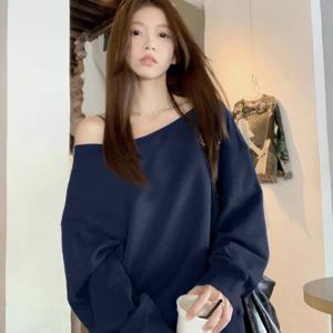 TEMU 여성용 네이비 블루 오프숄더/원숄더 오버사이즈 스웨트셔츠 - 두꺼운 겨울용 따뜻한 루즈핏 긴팔 스웨터, 캐주얼 시크 보트넥 풀오버, 레이어링, 파티, 캐주얼 복장용 (세탁기 사용 가능)