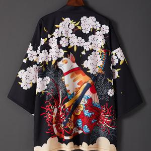 TEMU 일본 레트로 루즈핏 삼분절 소매 기모노 가디건 - 고양이 & 벚꽃 프린트 경량 비치 커버업, 여름 휴가용, 세탁기 사용 가능, 비치 키모노, 야외 릴랙스, 빈티지 감성, 쉬운 관리, 스타일리시 커버업, 패션 애호가를 위한