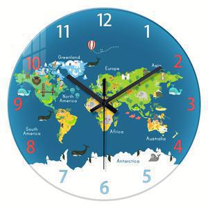 TEMU 12인치 라운드 유리 벽시계, 만화 동물 세계지도 디자인, 조용한 일본 쿼츠 운동, 배터리 작동 (AA 포함), 디지털 디스플레이, 거실 침실 홈 데코, 교육적 선물