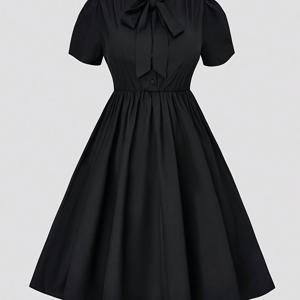 TEMU 플러스 사이즈, 플러스 사이즈 여성용 A라인 드레스 퍼프 소매 & 보우 타이 칼라 - 짧은 벨 소매, 플레어드 밑단 무릎 길이 드레스 웨딩, 파티, 프롬용 - 세탁기 사용 가능 가운 (캐주얼에서 포멀까지)