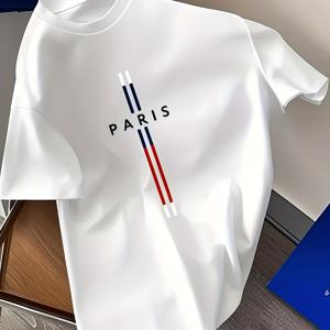 TEMU 남성용 파리 그래픽 티셔츠 - 캐주얼 여름용 반팔 크루 넥 티셔츠, 가벼운 폴리에스터-스판덱스 혼방, 대담한 '파리' 프린트가 있는 화이트, 현대적인 디자인의 캐주얼 의상