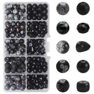 TEMU DIY 주얼리 만들기용 200개 블랙 글라스 비즈 - 다양한 크기 및 스타일의 구획 보관함 (구형, 물방울형, 면처리) - 귀걸이, 팔찌, 목걸이용 공예 재료, 비즈 액세서리, 창조적 디자이너를 위한 유리 비즈, 광택 처리된 비드 표면