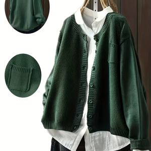 TEMU JNQualytrix 여성용 빈티지 스타일 케이블 카디건 - 옐로우 루즈핏 긴팔 스웨터 코트, 버튼 프론트 & 라운드 넥이 있는 편안한 가을 겨울 니트웨어, 손세탁/드라이클리닝 가능, 캐주얼 레이어링 피스, 아르티산 텍스처