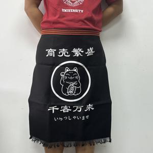 TEMU 고양이 일러스트와 프린지 디테일이 있는 스타일리시한 블랙 캔버스 일본식 하프 앞치마 - 스시 레스토랑, 이자카야, 가정용 주방에 완벽함