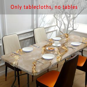 TEMU 1pc 골든 베인 대리석 테이블 클로스, 탄성 테이프가 있는 - 내구성 있는 폴리에스터, 야외 식사, 커피 테이블 및 주방을 위한 직사각형 디자인 - 가정 장식에 우아함을 더합니다, 실내/실외 사용, 피크닉 액세서리, 테이블 장식