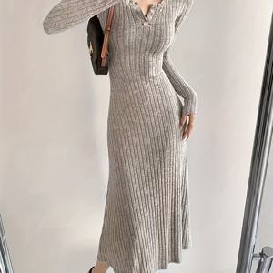 TEMU 여성용 가을 겨울 스웨터 드레스 - 버튼 클로저 바디콘 스커트, 일상 및 정장에 어울리는 롱 드레스, 비침 방지 소재 (베이지/그레이/블랙/화이트/블루/브라운/레드/퍼플/오렌지/그린), 손세탁 가능, 하이넥 니트웨어, 텍스처드 패브릭|여성원피스|인견원피스|가을원피스