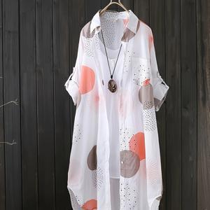 TEMU 여성용 경량 긴팔 셔츠 - 기하학 프린트 칼라 루즈핏 블라우스, 중간 허리 길이 버튼 프론트 캐주얼 시크 탑스, 사계절용 의류, 칼라 디자인, 비신축 원단, 내구성 있는 가벼운 무게