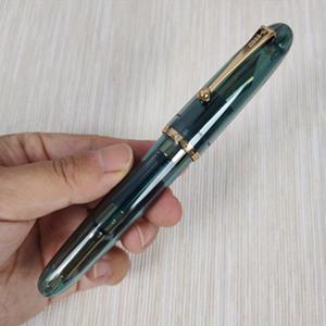 TEMU 1개 진하오 9019 시리즈 투명 블루 골드 트림 이리듐 닙 캘리그라피 만년필 대형 컨버터 포함