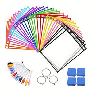 TEMU 건조 지우기 포켓 시트 보호기 30팩 재사용 가능한 대형 10인치 x 13인치 투명 내구성 플라스틱 슬리브와 12개의 펜, 4개의 지우개 및 3개의 링이 포함된 교실 정리, 교사 및 학교 용품