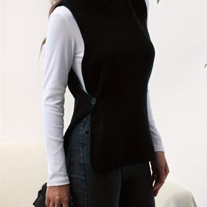 TEMU 여성용 블랙 버튼 프론트 하이넥 민소매 베스트 스웨터 - 가을 겨울 레이어링용 롱 캐주얼 카디건, 솔리드 컬러 비침 없는 풀오버 베스트, 고급 디자인, 비투명 원단