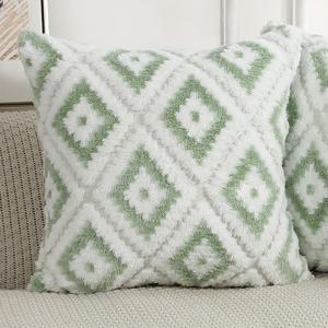 TEMU 보호 시크 인조 퍼 쿠션 커버 - 세이지 그린 & 멀티컬러, 체크무늬 디자인의 슈퍼 소프트 플러시, 지퍼 클로저 - 소파, 쇼파, 침대 장식에 완벽 - 팜하우스 스타일, 손세탁 전용, 스타일