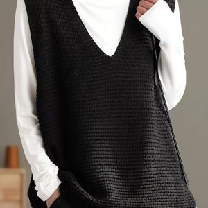 TEMU 여성용 캐주얼 V넥 조끼 - 민소매 루즈핏 솔리드 컬러 스웨터, 기계 세탁 가능한 가을 겨울 레이어링 필수품, 리브 디테일, 질감 있는 원단