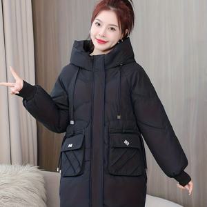 TEMU 여성용 겨울 후드 미디엄 코트 - 포켓이 있는 두꺼운 루즈핏 캐주얼 재킷, 기계 세탁 가능한 솔리드 블랙 아우터웨어, 추위에 적합한 여성 윈터 코트, 내구성 있는 따뜻한 원단