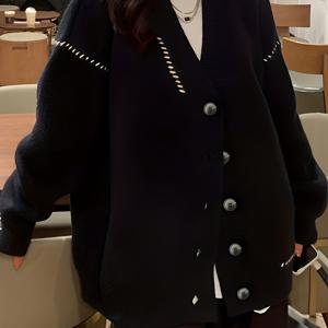 TEMU 여성 빈티지 스타일 두꺼운 가디건 - 포근한 긴소매 V넥 스웨터, 버튼 앞면, 루즈핏, 가을 & 봄용 캐주얼 겨울 아우터, 캐주얼 아우터, |V넥 스웨터|버튼 앞면 가디건, 스웨터 가디건