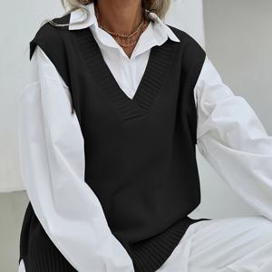 TEMU 2023 여성용 캐주얼 루즈 V넥 스웨터 조끼 - 중간 스트레치 단색, 블라우스 필요 없음, 봄/가을 레이어링 필수품, 우아함 컬렉션, 가을 패션 스테이플, 스타일, 편안한 착용감, 스타일리시 레이어링 아이템, 봄 의류 필수