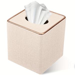 TEMU LADSTAG 스퀘어 티슈 박스 홀더, 골든 에지 - 우아한 베이지 인조 가죽 디자인, 욕실 및 거실 장식용 광택 마감, 세련된 종이 타월 디스펜서, 욕실 정리 및 보관, 현대적인 미학, 세련된 공예