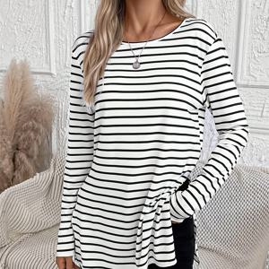 TEMU 프린트 크루 넥 티셔츠, 봄과 가을을 위한 캐주얼 롱 슬리브 스플릿 티셔츠, 여성 의류