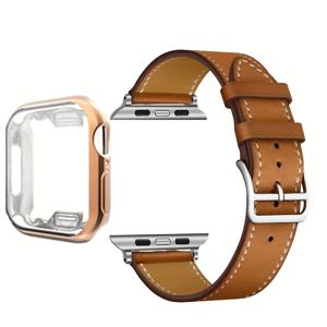 TEMU AMS+ 반개폐형 로즈 골든 풀 커버리지 통합 시계 스크린 충돌 방지 및 긁힘 방지 보호 케이스, 갈색 및 검은색 클래식 소프트 PU 가죽 스트랩, for iWatch 스마트워치 울트라2 1 세 S9 8 7 6 5 4 3 2 1 시리즈 남성 및 여성용 교체 38mm 41mm 42mm 44mm 45mm 49mm 시계 보호 케이스 및 스트랩
