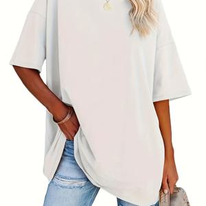 TEMU 여성용 플러스 사이즈 캐주얼 반팔 티셔츠 - 생기 넘치는 핑크 라운드넥 솔리드 컬러 탑, 세탁기 사용 가능 사계절 활용 가능한 편안한 패션, 부드러운 소재, 루즈핏 심플 디자인, 통기성 좋은 베이직 티셔츠