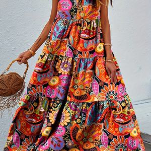 TEMU 봄과 여름을 위한 캐주얼한 V 넥 민소매 드레스, 올오버 프린트 러플 헴 탱크 드레스, 여성 의류