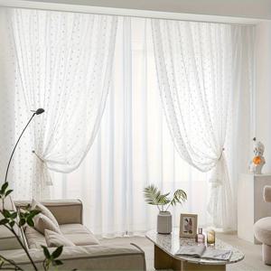 TEMU 2개 세트, 화이트 프레쉬 앤 에어리 3D 폼폼 벨벳 커튼, 스위트 앤 로맨틱 스타일 쉬어 커튼, 베이 윈도우 및 천장까지 닿는 창문 장식에 적합.