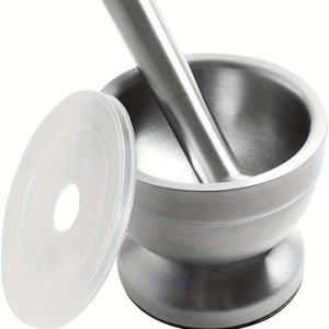 TEMU 1개 헤비듀티 304 스테인리스 스틸 모르타르 & 페슬 그라인더 (플라스틱 뚜껑 포함) - 상업용/헤비듀티 스파이스, 약용 식물 분쇄기, 마늘 분쇄기, 알약 분쇄기, 약제사용 - 쉽게 세척 가능한 내구성 디자인