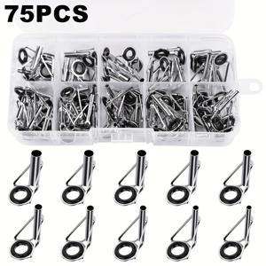 TEMU 실버 낚싯대 가이드 아이 세트, 75피스 박스형 낚싯대 팁 수리 키트 가이드 아이