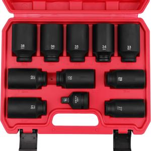 TEMU 1/2 드라이브 딥 임팩트 소켓 세트: 11개 메트릭 사이즈 휠 액슬 너트 렌치 메트릭 대형 점보 27mm 29mm 30mm 31mm 32mm 34mm 35mm 36mm 38mm 스피들 조인트 고토크 트럭 베어링 잠금 너트