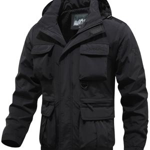 TEMU 여러 포켓이 있는 남성용 아웃도어 전술 재킷, 스탠드 칼라 & 지퍼 후드 - 하이킹, 캠핑, 낚시, 여행용 내구성 있는 - 봄/가을 캐주얼 스포츠웨어, 견고한 구조, 비신축 원단, 캠핑복, 스포티 디자인, 다중포켓 코트, 액티브 맨