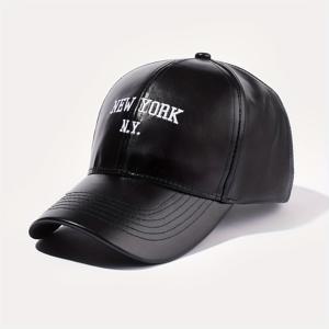 TEMU 1개 베이스볼 캡 - 블랙 스냅백 클로저, 남녀공용 조절 가능 - PU 가죽 야외/여행/일상용 캐주얼 스포츠 모자, 통기성 원단|볼캡|스냅백