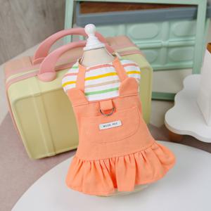 TEMU 바캉스 분위기가 물씬 풍기는 스트라이프 패턴의 강아지 드레스, 봄과 여름에 어울리는 애완견용 옷, 비숑 프리제와 테디에게 어울리는 프린세스 드레스, 리드를 달 수 있는 편리한 디자인