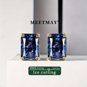 TEMU 7ct 다크 탄자나이트 블루, 8*10 십대 소녀를 위한 직사각형 아이스 컷 925 스털링 실버 스터드 귀걸이