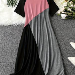 TEMU 봄과 여름을 위한 캐주얼한 반팔 드레스, 플러스 사이즈 컬러블록 루즈 드레스, 여성 플러스 사이즈 의류