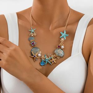 TEMU 해양 패션 휴가 분위기의 아연 합금 목걸이 - 모조 , 조개, , 산호 장식 - 마디 그라 데이 및 모든 계절에 적합한 다재다능한 일상 액세서리