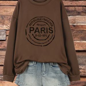 TEMU 여성용 플러스 사이즈 캐주얼 파리 빈티지 스탬프 그래픽 프린트 스웨트셔츠 - 갈색 라운드 넥 풀오버, 세탁기 사용 가능 사계절 편안한 착용감, 여행 영감 의류, 릴랙스 핏
