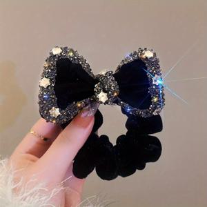 TEMU 럭셔리 벨벳 보우타이 헤어 링, 반짝이는 라인스톤과 별 참 장식 - 가을과 겨울용 우아한 블랙 및 레드 벨벳 헤어 액세서리, 파티 헤어 데코 | 화려한 헤어피스 | 별 참 액세서리, 머리에 착용하는 리본