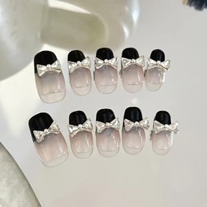 TEMU 10개/세트 핸드메이드 프레스온 네일, 반짝이는 리본 장식 네일아트, 여성용 매니큐어 , 재사용 가능 네일, 여성을 위한 선물|네일|매니큐어