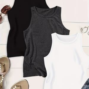 TEMU 3 팩 플러스 사이즈 단색 탱크 탑, 캐주얼 크루 넥 슬리브리스 탱크 탑, 여성용 플러스 사이즈 의류